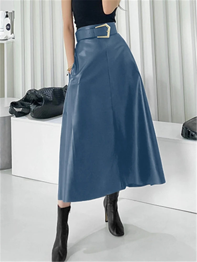 REALEFT Classic Faux PU Leather Long Skirts with Belted New High Waist Fashion Umbrella Skirts Ladies Female Autumn Winter