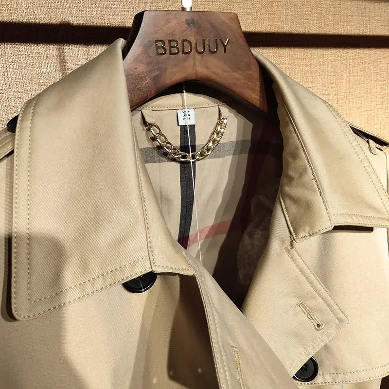 Women's Classic Lapel Mid Length Trench Coat Stylish Double-Breasted Overcoat Slim Dress Jacket with Belt Windproof