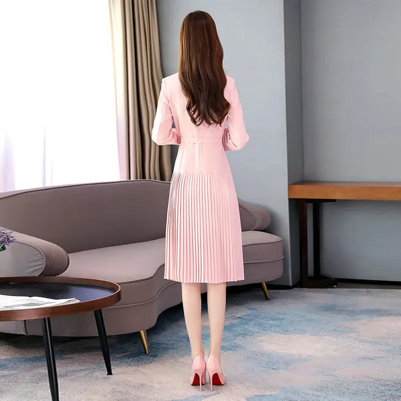 Notched Pleated Dress for Ladies Professional Suit Office Blazer Pink or Black Workwear Spring and Autumn New Fashion K1093