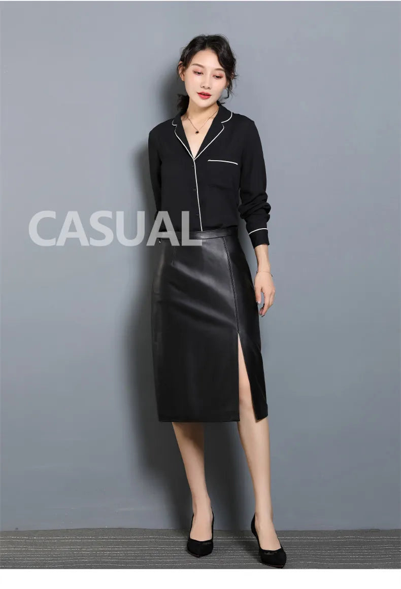Women's Leather Skirt, High Waist, Genuine Sheepskin, A-Line, Medium Length, Spring, Autumn, M, 4XL