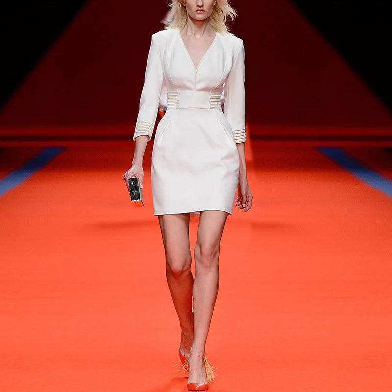Fashionable Elegant V-neck White Long Sleeve Ladies Evening Bandage Dress