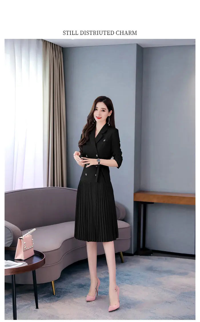 Notched Pleated Dress for Ladies Professional Suit Office Blazer Pink or Black Workwear Spring and Autumn New Fashion K1093