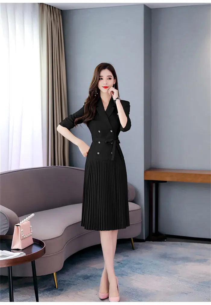 Notched Pleated Dress for Ladies Professional Suit Office Blazer Pink or Black Workwear Spring and Autumn New Fashion K1093