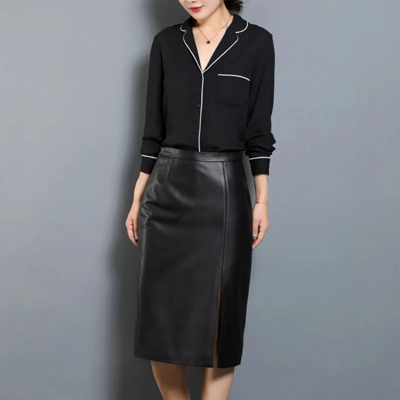 Women's Leather Skirt, High Waist, Genuine Sheepskin, A-Line, Medium Length, Spring, Autumn, M, 4XL