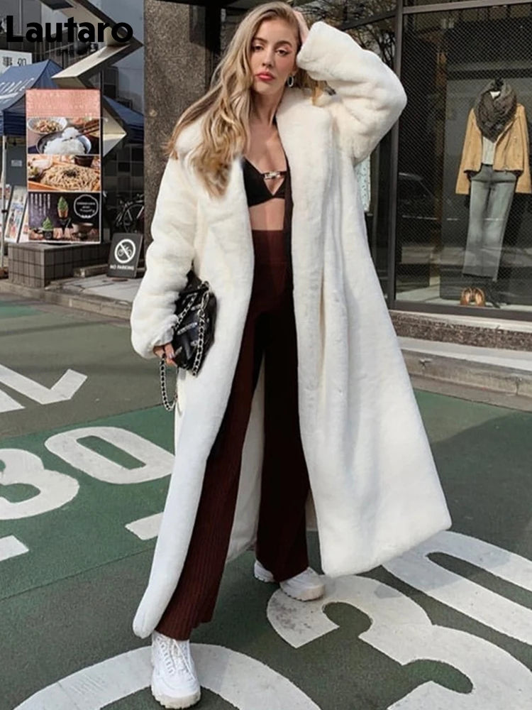 Lautaro Winter Long White Fluffy Warm Oversized Faux Fur Coat Women with Hood Lapel Sashes Loose Korean Fashion 2021 Outerwear