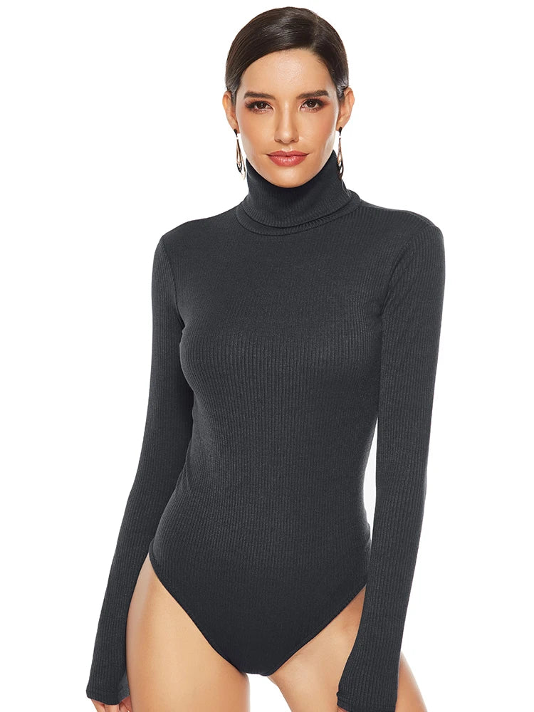Bodysuit Women Jumpsuits Bodycon Sexy Long Sleeve Turtleneck Body Clothing Top Sweater Winter Warm Elastic Knited Rib S-5XL Size