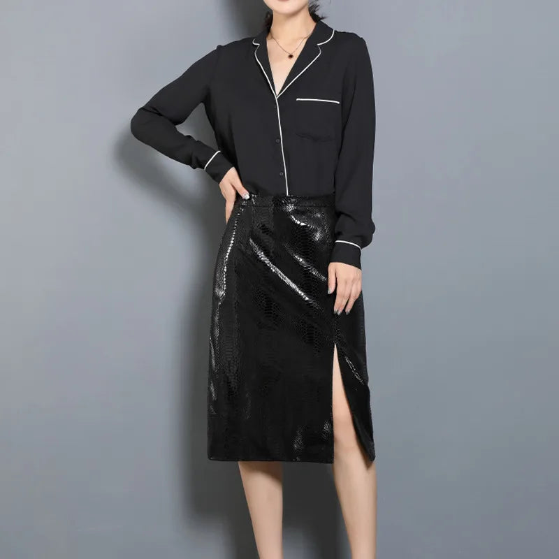 Women's Leather Skirt, High Waist, Genuine Sheepskin, A-Line, Medium Length, Spring, Autumn, M, 4XL