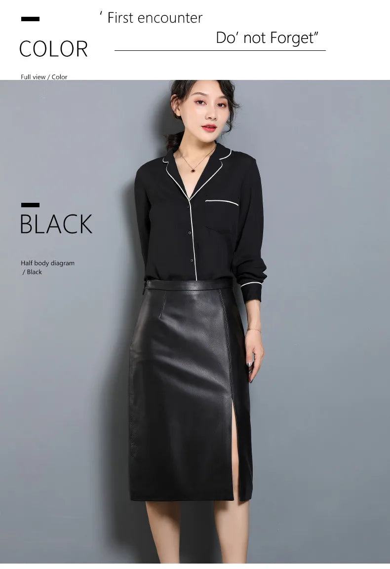 Women's Leather Skirt, High Waist, Genuine Sheepskin, A-Line, Medium Length, Spring, Autumn, M, 4XL