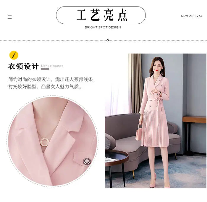 Notched Pleated Dress for Ladies Professional Suit Office Blazer Pink or Black Workwear Spring and Autumn New Fashion K1093
