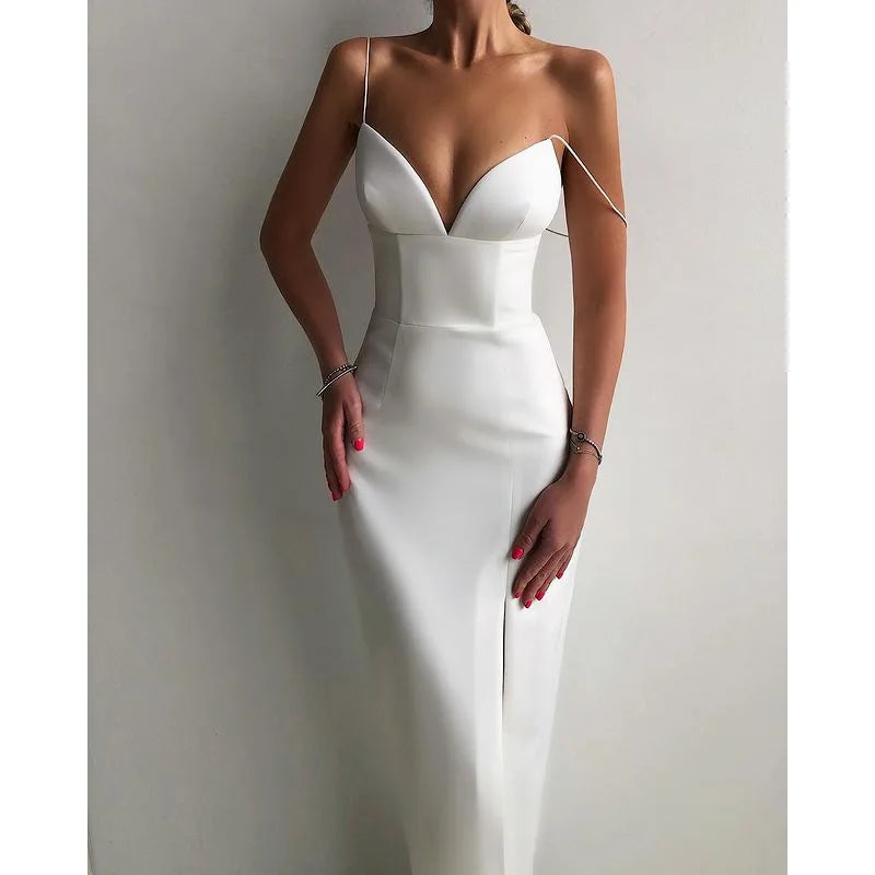 New Summer Women White Bodycon Bandage Dress Sexy V Neck Spaghetti Strap Club Celebrity Evening Runway Party Long Dresses