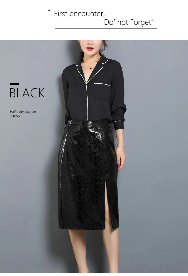 Women's Leather Skirt, High Waist, Genuine Sheepskin, A-Line, Medium Length, Spring, Autumn, M, 4XL