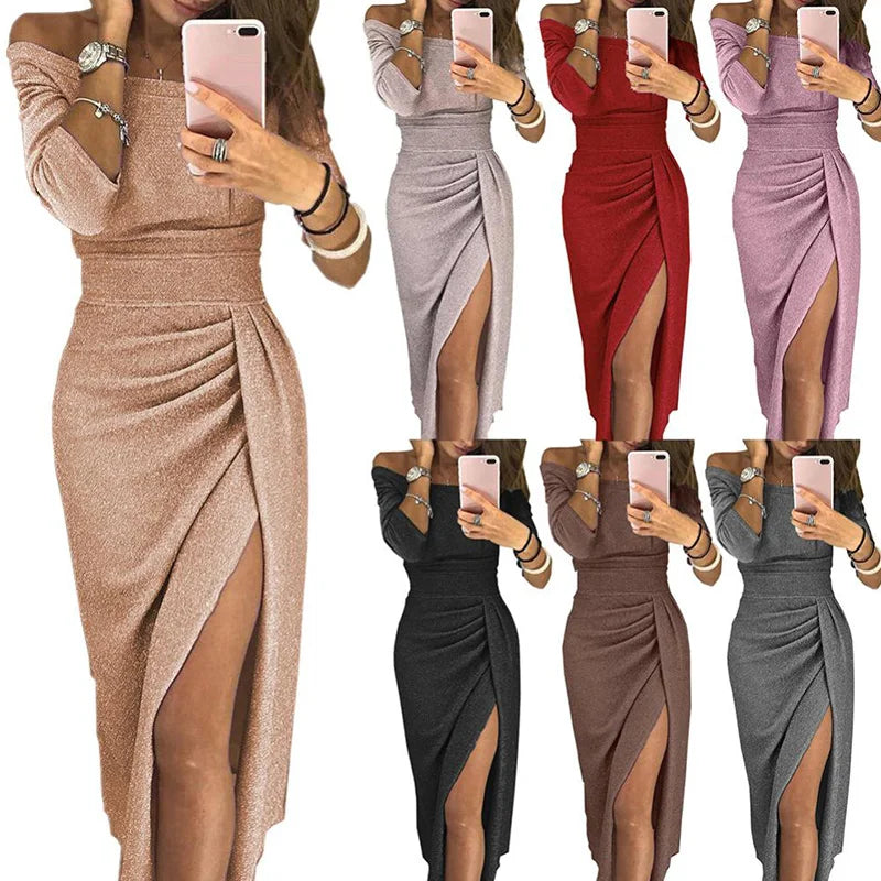 2022 Lady Evening Party Dresses Off Shoulder High Waist Long Dress Elegant Sexy Club Vestidos Spring Summer Solid Women's Tunic