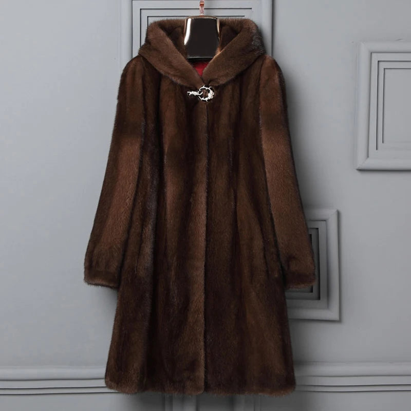 Winter women's new mink coat long hooded casual warm jacket