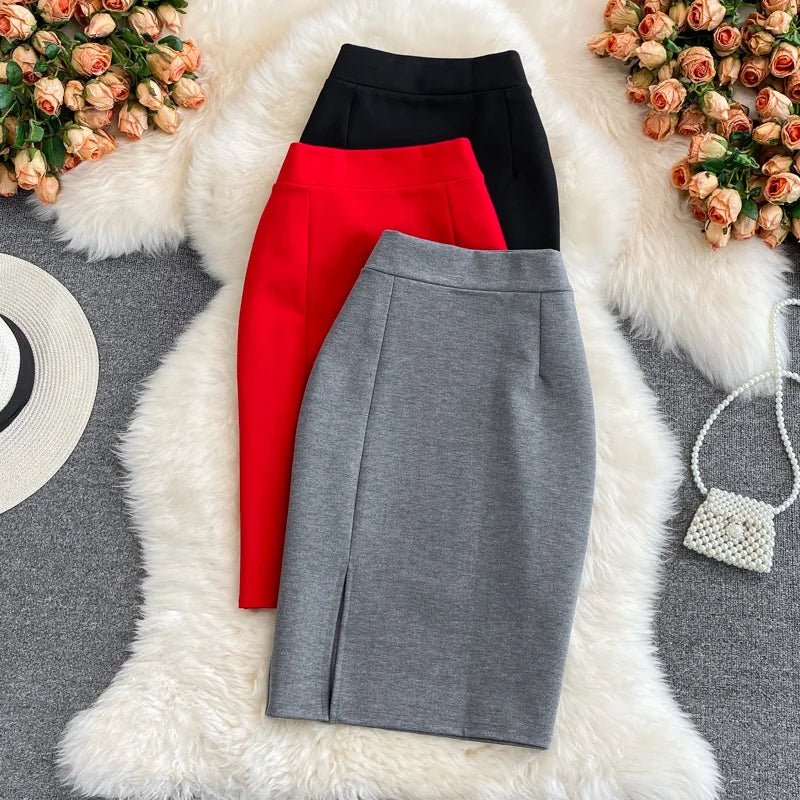 Women's Skirt Solid High Waist Work Pencil Skirt 2024 New Fashion Ladies Slim Fit Split Office OL Skirt Grey Red Black Skirts