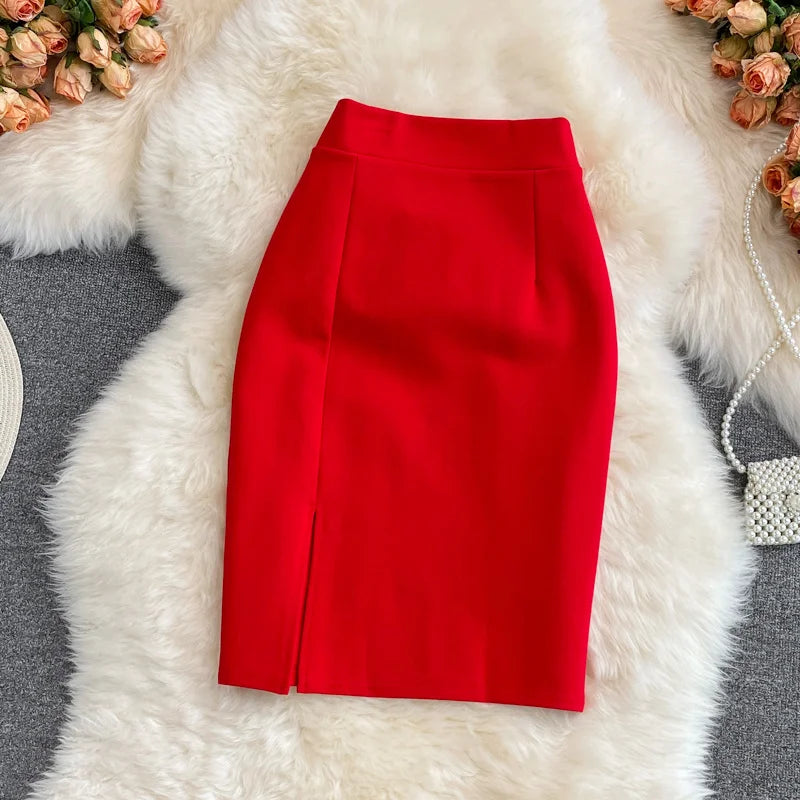 Women's Skirt Solid High Waist Work Pencil Skirt 2024 New Fashion Ladies Slim Fit Split Office OL Skirt Grey Red Black Skirts