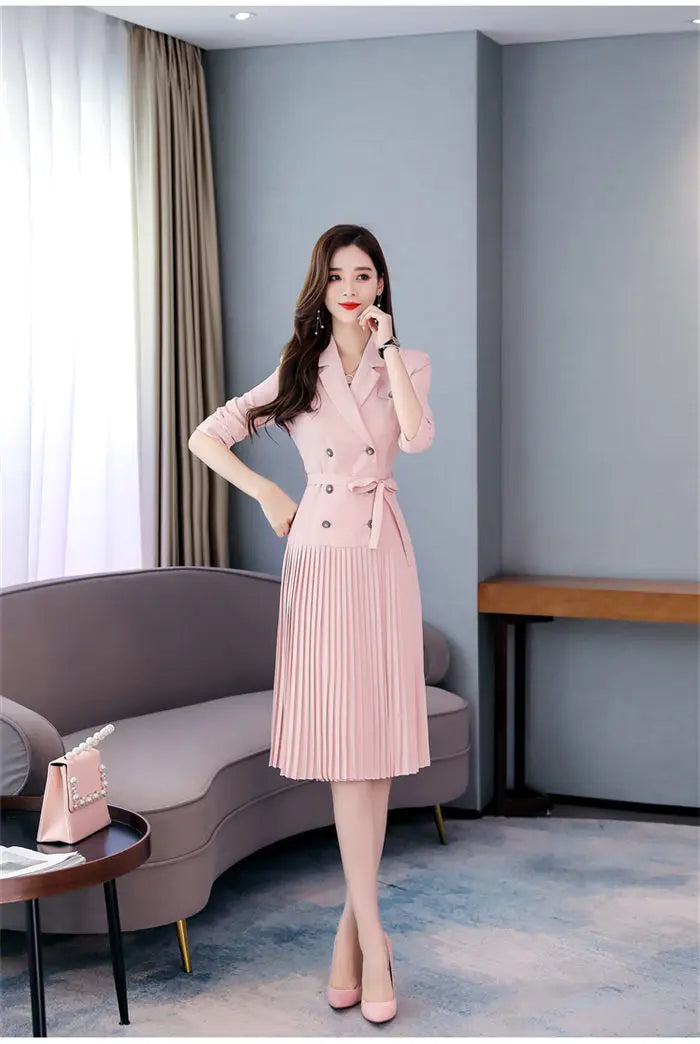 Notched Pleated Dress for Ladies Professional Suit Office Blazer Pink or Black Workwear Spring and Autumn New Fashion K1093