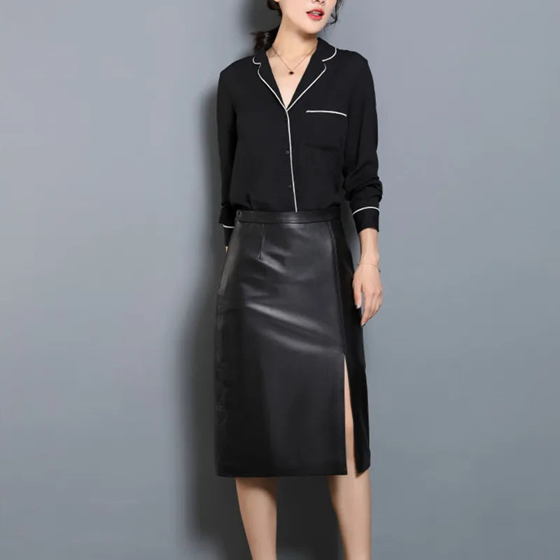 Women's Leather Skirt, High Waist, Genuine Sheepskin, A-Line, Medium Length, Spring, Autumn, M, 4XL