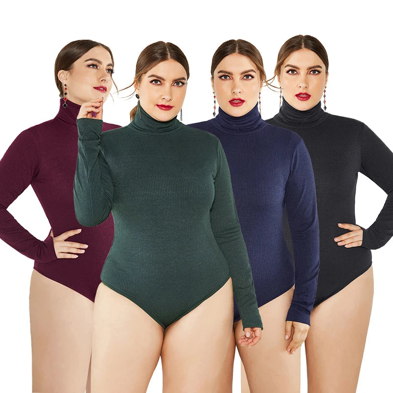 Bodysuit Women Jumpsuits Bodycon Sexy Long Sleeve Turtleneck Body Clothing Top Sweater Winter Warm Elastic Knited Rib S-5XL Size
