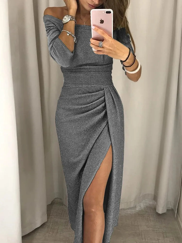 2022 Lady Evening Party Dresses Off Shoulder High Waist Long Dress Elegant Sexy Club Vestidos Spring Summer Solid Women's Tunic