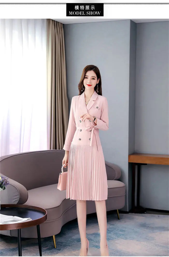 Notched Pleated Dress for Ladies Professional Suit Office Blazer Pink or Black Workwear Spring and Autumn New Fashion K1093