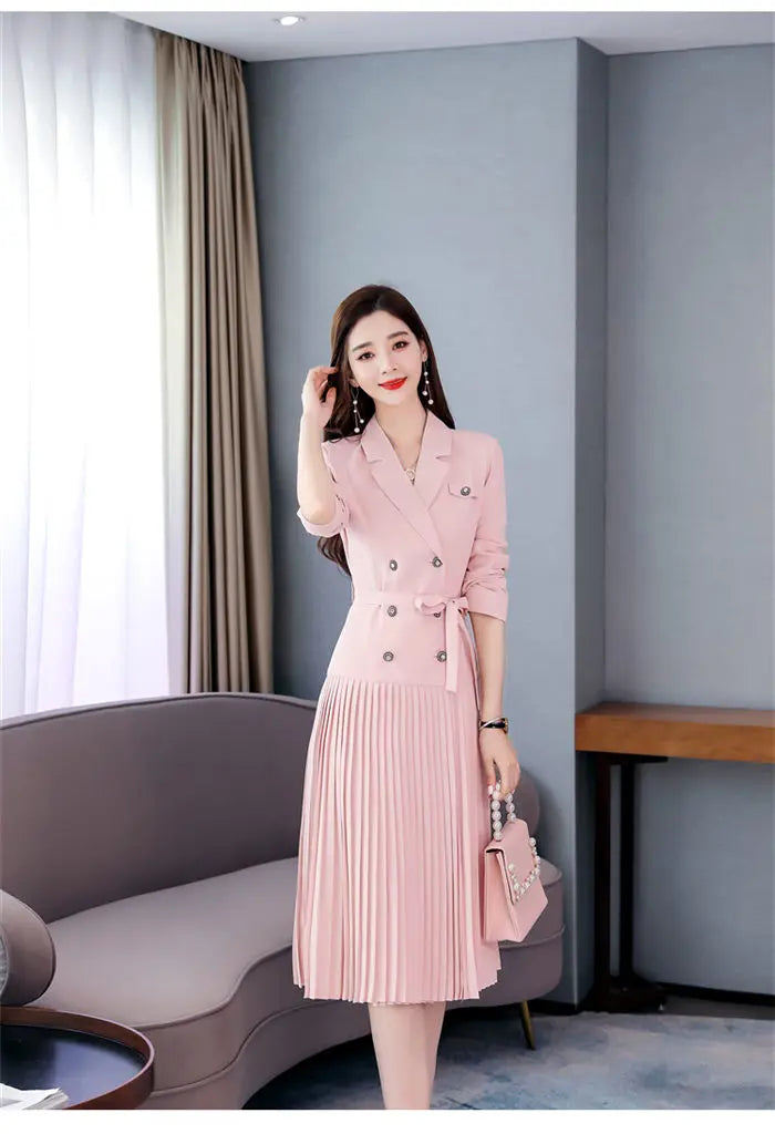 Notched Pleated Dress for Ladies Professional Suit Office Blazer Pink or Black Workwear Spring and Autumn New Fashion K1093