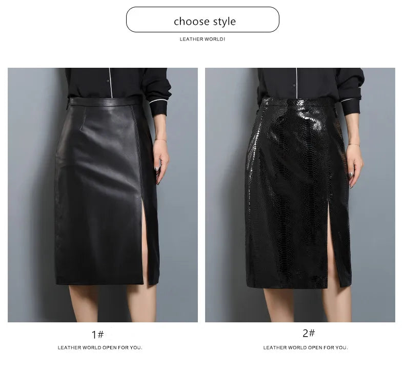 Women's Leather Skirt, High Waist, Genuine Sheepskin, A-Line, Medium Length, Spring, Autumn, M, 4XL