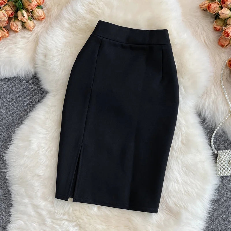 Women's Skirt Solid High Waist Work Pencil Skirt 2024 New Fashion Ladies Slim Fit Split Office OL Skirt Grey Red Black Skirts