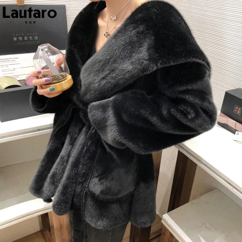 Lautaro Winter Black Warm Oversized Faux Fur Cardigan Women Drop Shoulder Long Sleeve Sashes Loose Stylish Korean Fashion 2021