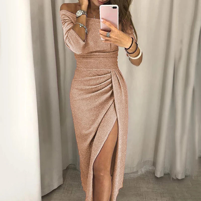 Fashion Elegant Lady Evening Party Dresses 2023 Autumn Women's Clothing Off Shoulder High Waist Sexy Club Slash Neck Midi Dress