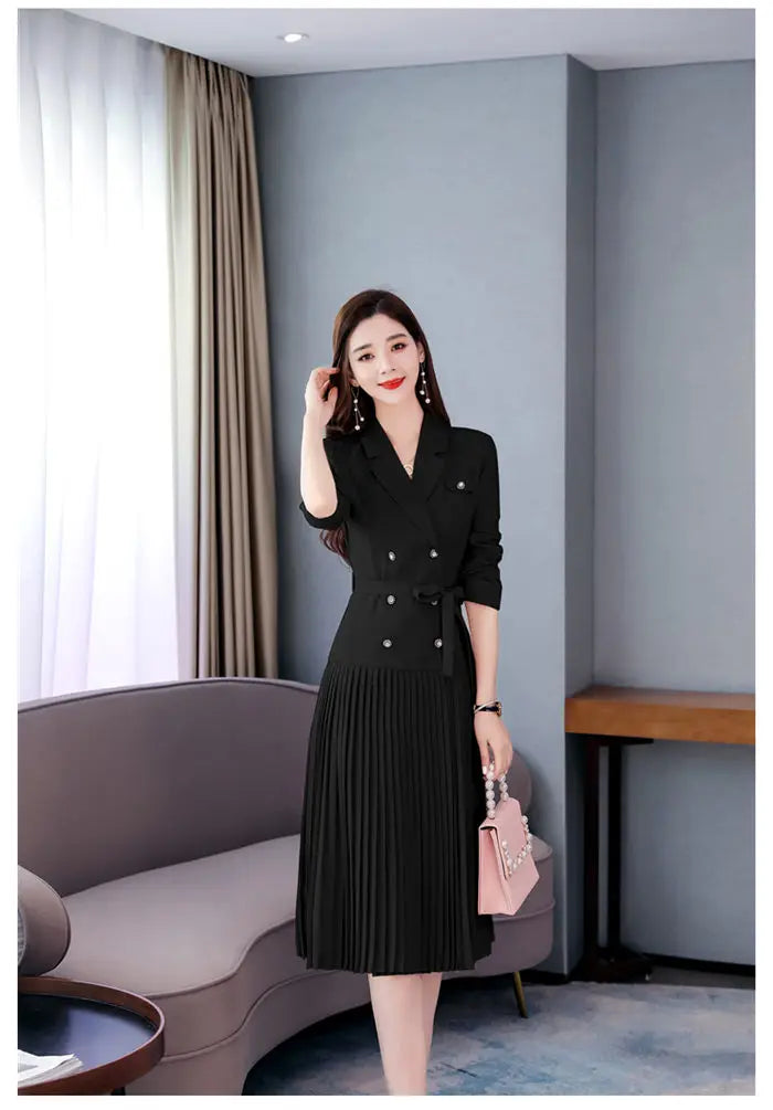 Notched Pleated Dress for Ladies Professional Suit Office Blazer Pink or Black Workwear Spring and Autumn New Fashion K1093
