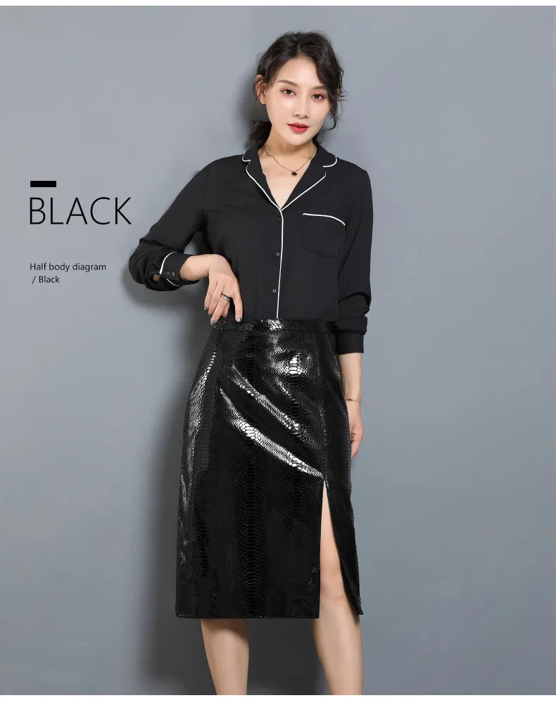 Women's Leather Skirt, High Waist, Genuine Sheepskin, A-Line, Medium Length, Spring, Autumn, M, 4XL