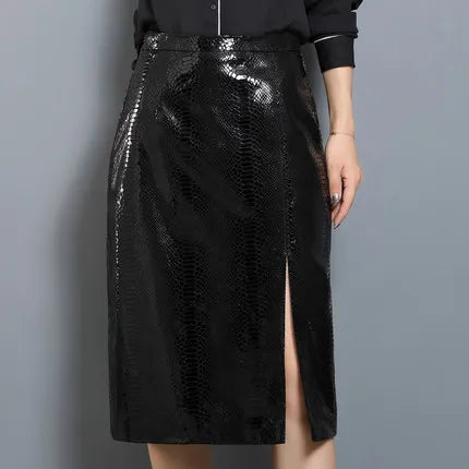 Women's Leather Skirt, High Waist, Genuine Sheepskin, A-Line, Medium Length, Spring, Autumn, M, 4XL