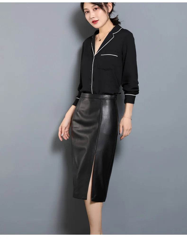 Women's Leather Skirt, High Waist, Genuine Sheepskin, A-Line, Medium Length, Spring, Autumn, M, 4XL