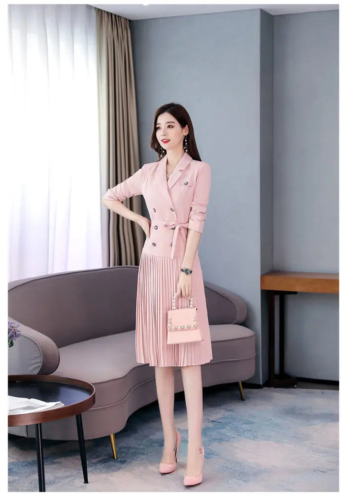 Notched Pleated Dress for Ladies Professional Suit Office Blazer Pink or Black Workwear Spring and Autumn New Fashion K1093
