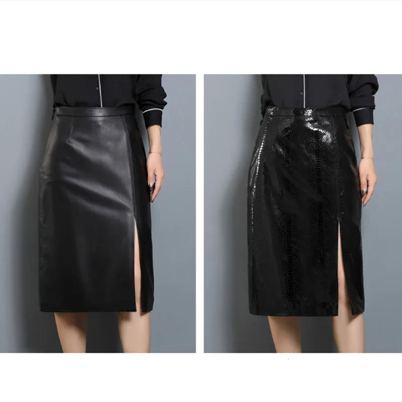 Women's Leather Skirt, High Waist, Genuine Sheepskin, A-Line, Medium Length, Spring, Autumn, M, 4XL