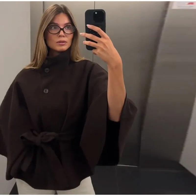 Elegant Lace Up Loose Fit Cape Coat Women's Autumn Winter Oversized High Neck Belted Wrap Jacket Fashion Warm Outerwear Outfit