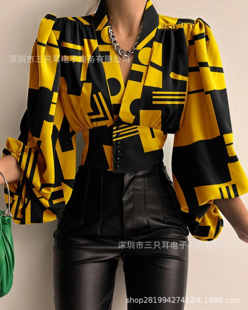 Elegant And Youth Woman Blouses Spring V-neck Lantern Sleeve Slim Fit Women's Shirts Button Long Sleeve Shirts And Blouses 2024