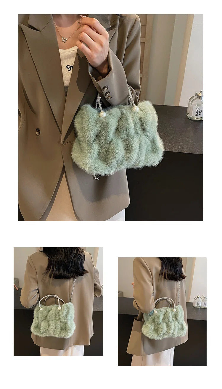 Soft Plush Evening Bags For Elegant Women Fur Dinner Party Clutch Chain Crossbody Winter Warm Luxury Designer Handbags
