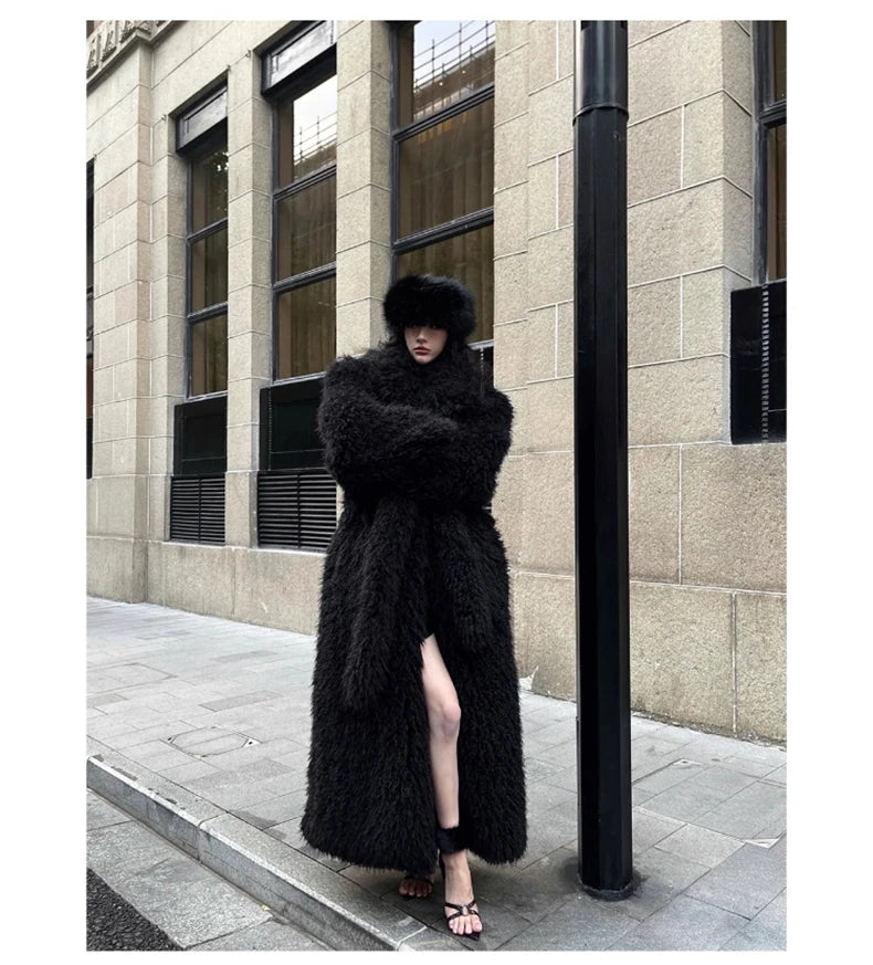 Lautaro Winter Extra Long Soft Thick Warm Fluffy Black Fuzzy Shaggy Hairy Faux Fur Coat Women Sashes Luxury Furry Overcoat 2023
