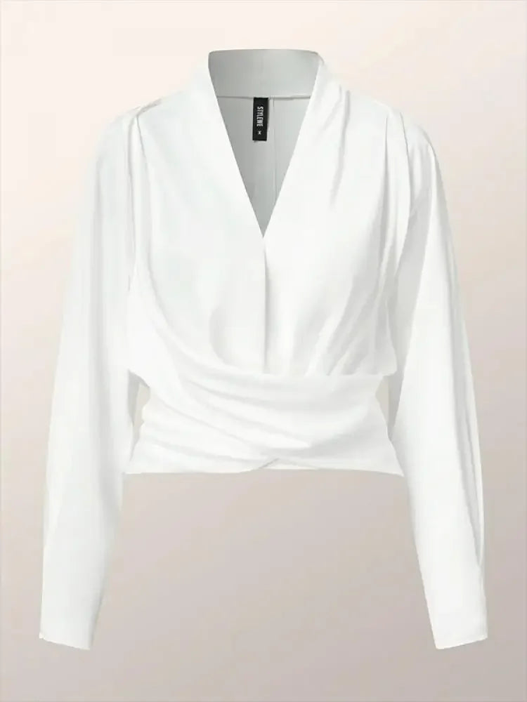 Women's Long Sleeves Solid Color Zipper V-neck Blouses Tops Urban Fashion Pleated Casual Office T-shirts