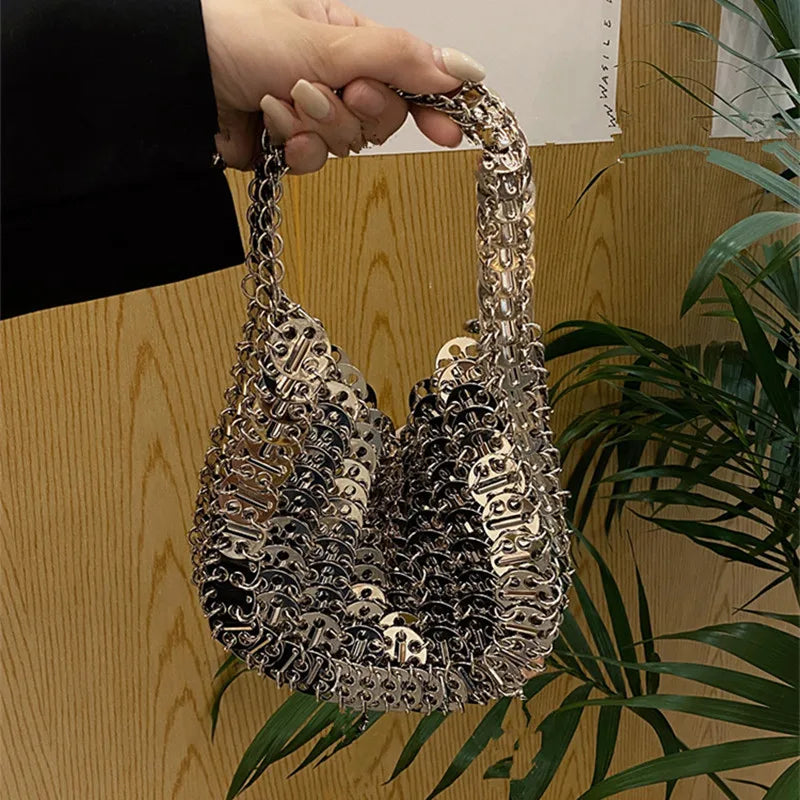 Women's Bag 2025 Trend luxury Designer Handbag Metal Chain Tote Bag Hollow Evening Bag Clutch Female Travel Holiday Shoulder Bag