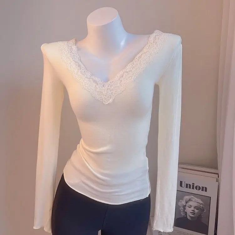 Women's Blouses Sexy Lace Deep V Neck Long Bell Sleeves Top Slim Fit Low Cut Sheer Mesh Shirt For Spring Fall Women's Clothing