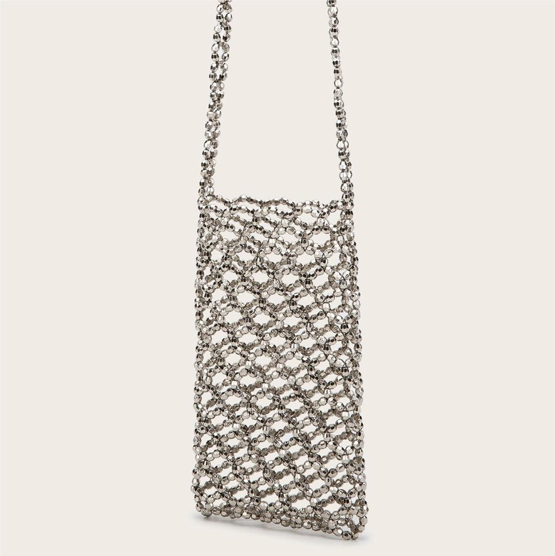 2022 Summer Silver Acrylic Hand-woven Beaded Bag Hollow Out Handmade Mobile Phone Messenger Bag Vertical Small Square Bag