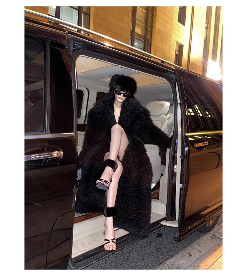 Lautaro Winter Extra Long Soft Thick Warm Fluffy Black Fuzzy Shaggy Hairy Faux Fur Coat Women Sashes Luxury Furry Overcoat 2023