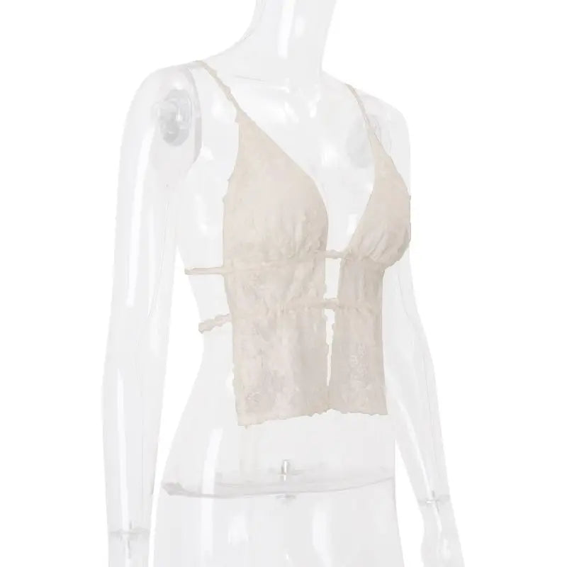 Women Lace Spaghetti Strap Deep V Neck Sexy Cami Top Backless Sheer Crop Tank Summer Chic Transparent Bralette Top 2025 New