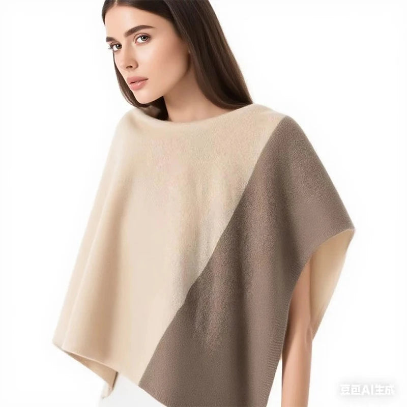 Korean Style Autumn And Winter Shawl Women's Contrast Color Knitted Warm Cloak