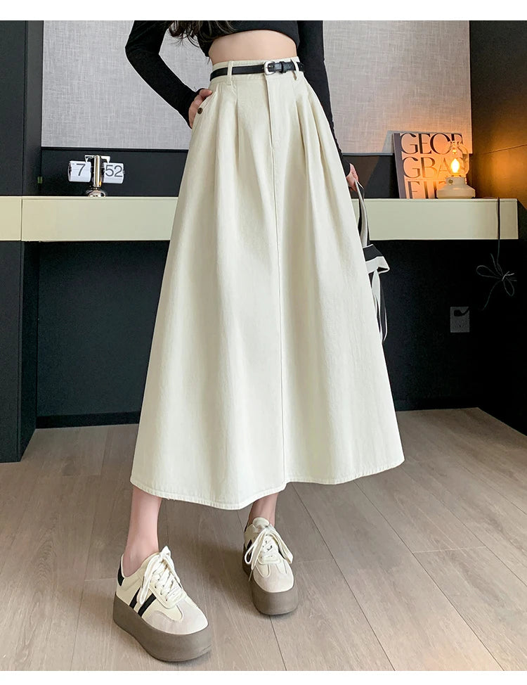 Seoulish Denim Skirts for Women 2024 Spring Summer New High Waist A-line Large Hem Office Lady Umbrella Skirt Pleated Long Skirt