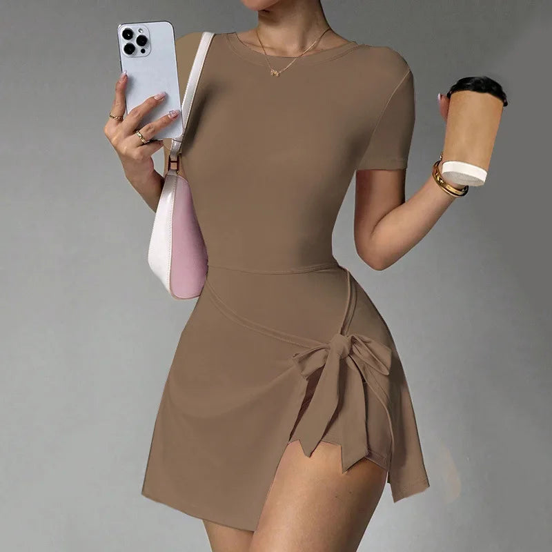 Women Yoga Bodysuit Short Dress Slimming Open Back Two Piece Look Anti See Through Athletic Tennis Skirt for Outdoor Workout