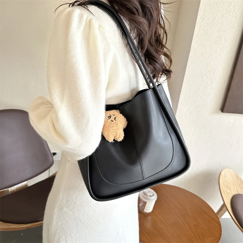 Women's Retro Tote - High-Quality Solid Color, Minimalist Large-Capacity Commuter Handheld/Single-Shoulder