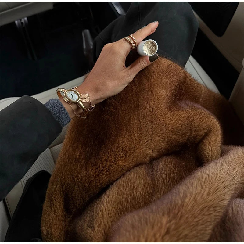 Vintage Brown Women's Faux Fur Vest Solid High Collar Sleeveless Thicken Female Waistcoat 2025 Autumn Winter New Lady Streetwear